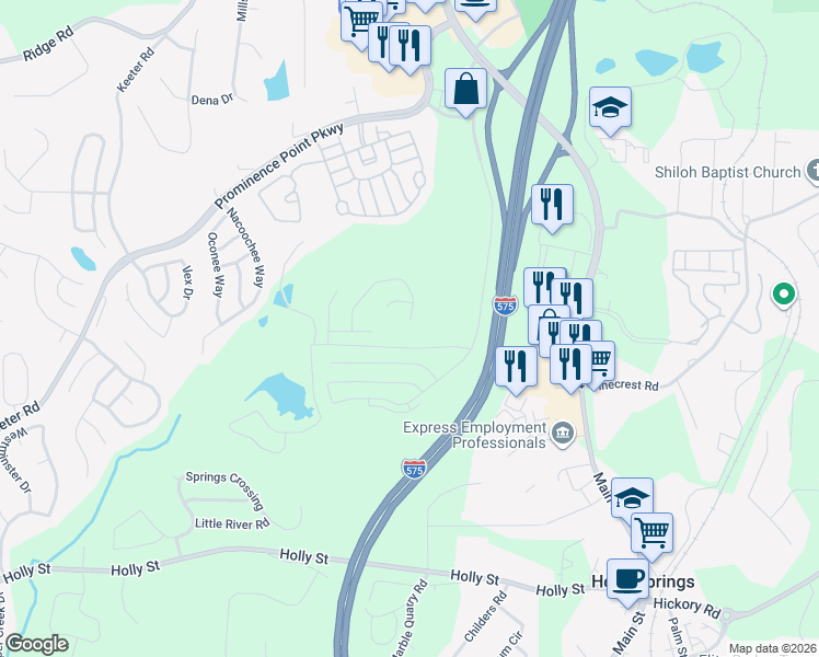 map of restaurants, bars, coffee shops, grocery stores, and more near 385 Hidden Creek Lane in Canton