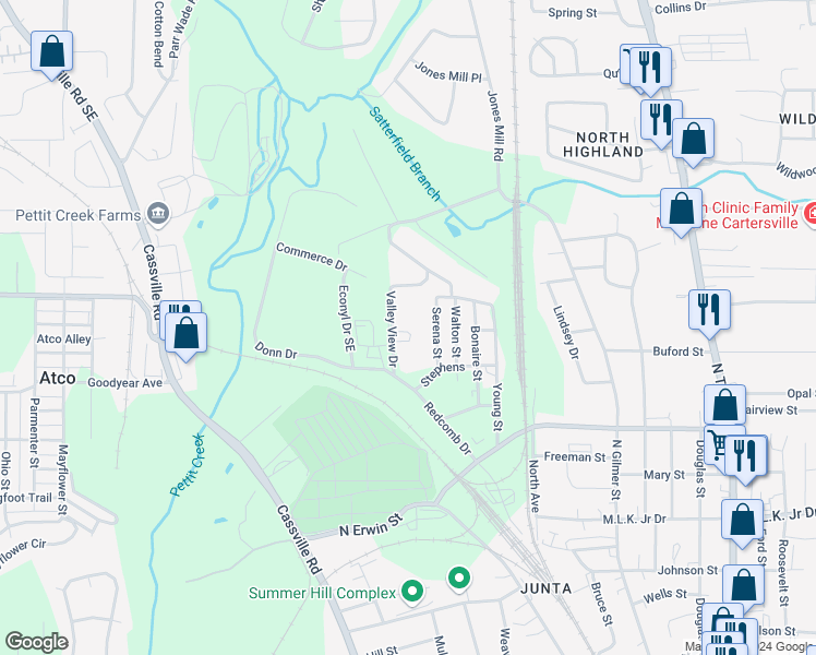 map of restaurants, bars, coffee shops, grocery stores, and more near 12 Serena Street in Cartersville