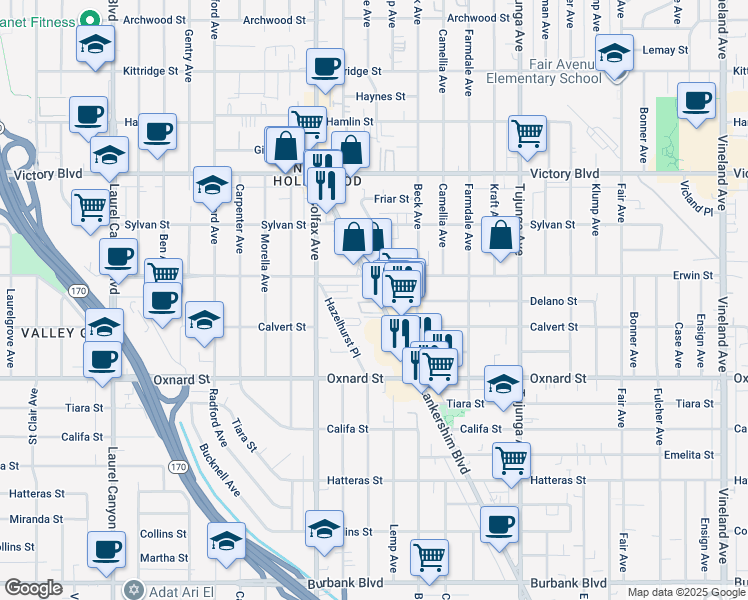 map of restaurants, bars, coffee shops, grocery stores, and more near 6137 Lankershim Boulevard in Los Angeles