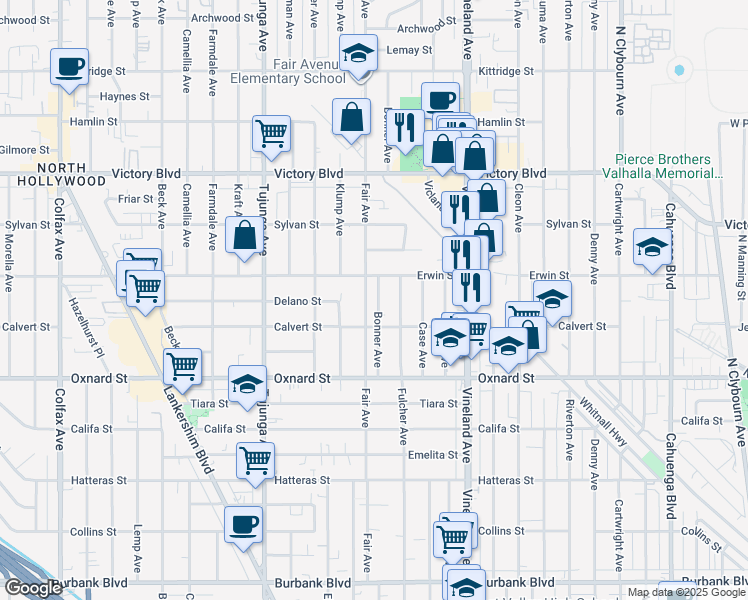 map of restaurants, bars, coffee shops, grocery stores, and more near 6134 Fair Avenue in Los Angeles