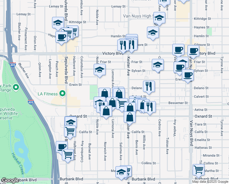 map of restaurants, bars, coffee shops, grocery stores, and more near 6154 Lemona Avenue in Los Angeles