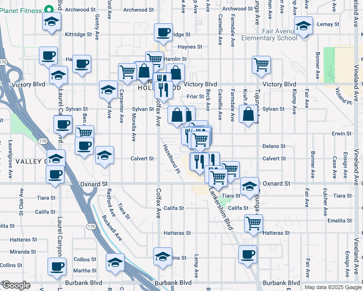 map of restaurants, bars, coffee shops, grocery stores, and more near 6137 Lankershim Boulevard in Los Angeles