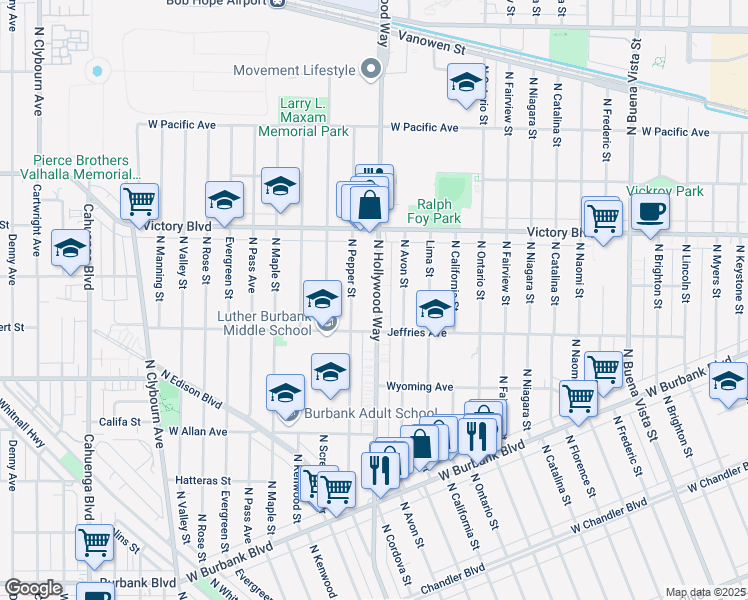 map of restaurants, bars, coffee shops, grocery stores, and more near 1847 North Hollywood Way in Burbank