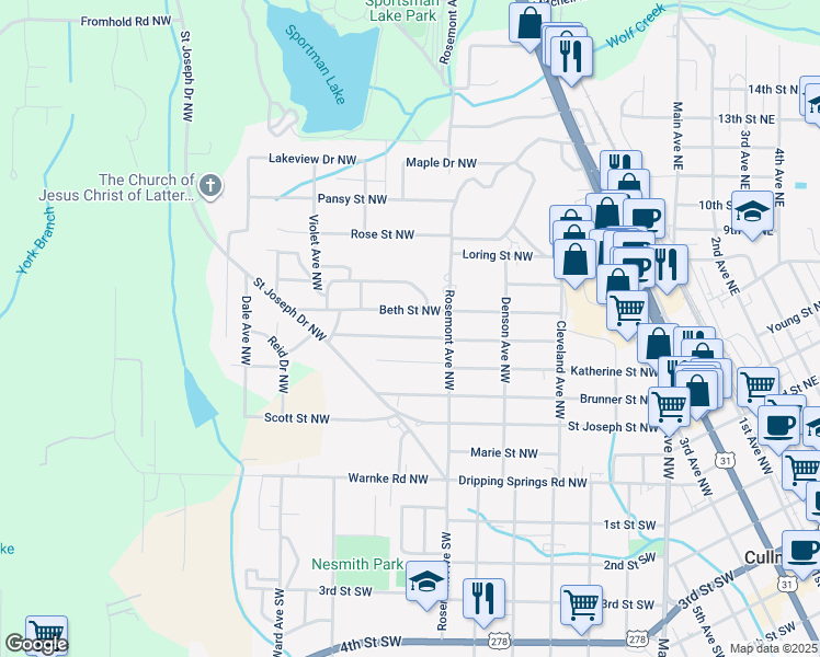 map of restaurants, bars, coffee shops, grocery stores, and more near 1516 Beth Street Northwest in Cullman