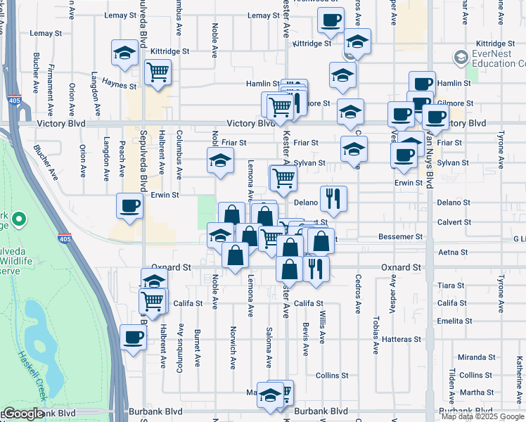 map of restaurants, bars, coffee shops, grocery stores, and more near 6154 Lemona Avenue in Los Angeles