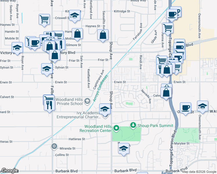 map of restaurants, bars, coffee shops, grocery stores, and more near 2 Erwin Street in Los Angeles