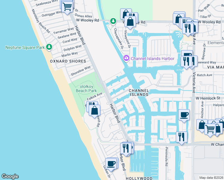 map of restaurants, bars, coffee shops, grocery stores, and more near 4604 Falkirk Bay in Oxnard