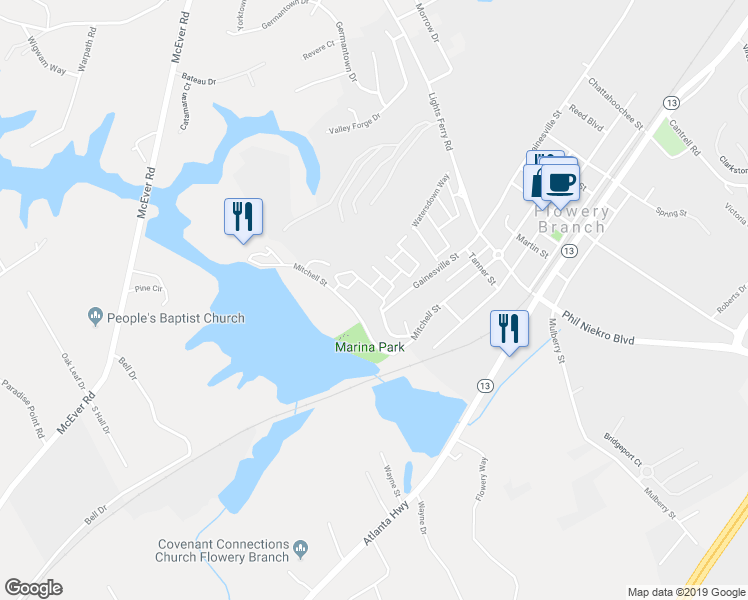 map of restaurants, bars, coffee shops, grocery stores, and more near 6356 Shoreview Circle in Flowery Branch