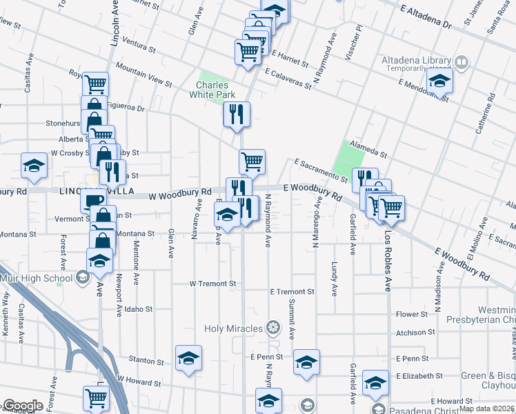 map of restaurants, bars, coffee shops, grocery stores, and more near 2100 North Fair Oaks Avenue in Altadena
