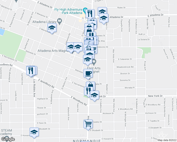 map of restaurants, bars, coffee shops, grocery stores, and more near 2117 Lake Avenue in Altadena