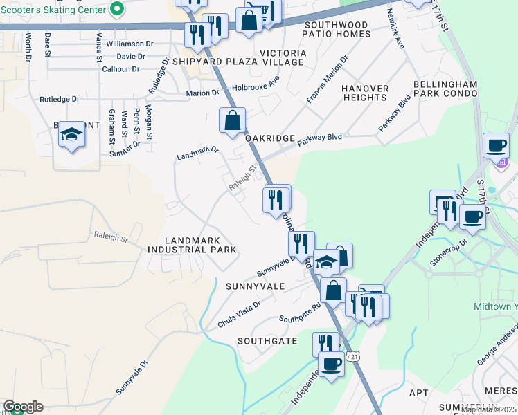map of restaurants, bars, coffee shops, grocery stores, and more near 3512 Carolina Beach Road in Wilmington