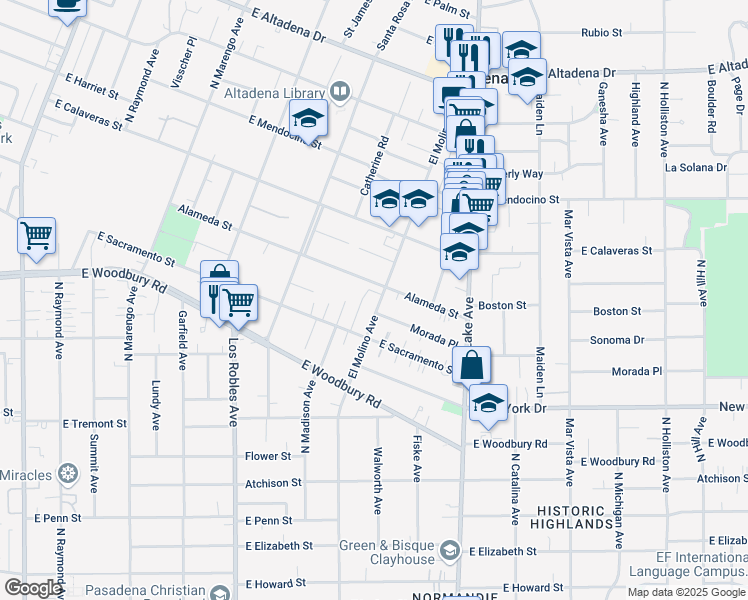 map of restaurants, bars, coffee shops, grocery stores, and more near 2117 El Molino Avenue in Altadena