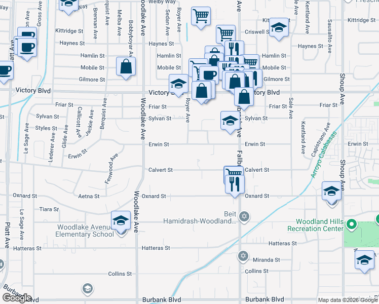 map of restaurants, bars, coffee shops, grocery stores, and more near 22960 Erwin Street in Los Angeles