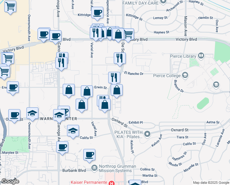 map of restaurants, bars, coffee shops, grocery stores, and more near 6192 De Soto Avenue in Los Angeles