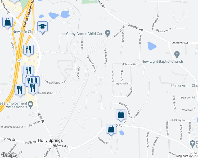map of restaurants, bars, coffee shops, grocery stores, and more near 262 Taylors Farm Drive in Canton