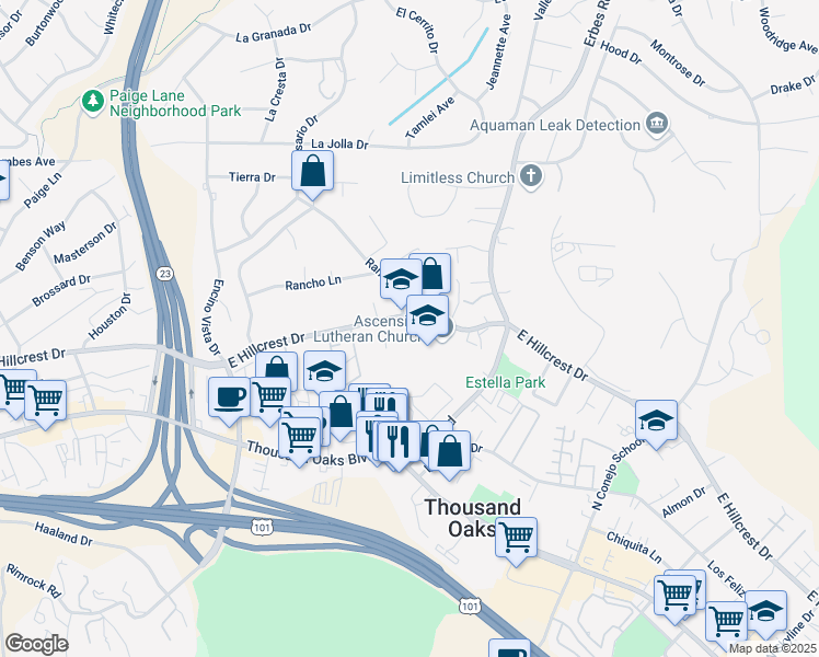 map of restaurants, bars, coffee shops, grocery stores, and more near 1500 East Hillcrest Drive in Thousand Oaks