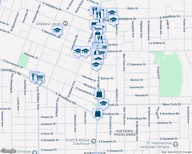 map of restaurants, bars, coffee shops, grocery stores, and more near 2117 Lake Avenue in Altadena