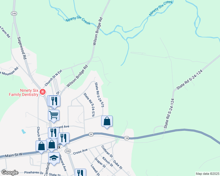 map of restaurants, bars, coffee shops, grocery stores, and more near 140 Ebony Drive in Ninety Six