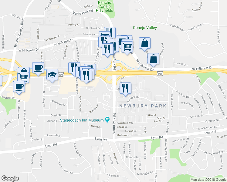 map of restaurants, bars, coffee shops, grocery stores, and more near Ventu Park Road & Newbury Road in Thousand Oaks