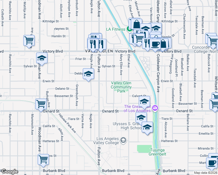 map of restaurants, bars, coffee shops, grocery stores, and more near 6134 Longridge Avenue in Los Angeles