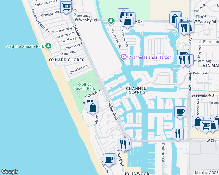 map of restaurants, bars, coffee shops, grocery stores, and more near 4604 Falkirk Bay in Oxnard