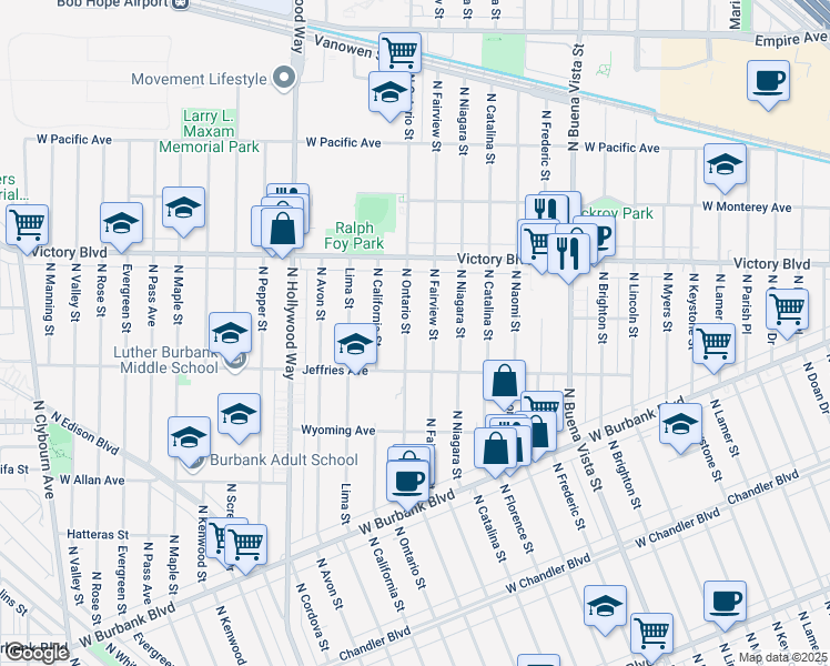 map of restaurants, bars, coffee shops, grocery stores, and more near 1532 North Ontario Street in Burbank
