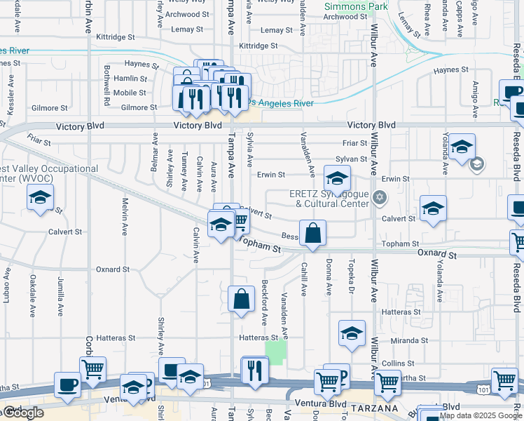 map of restaurants, bars, coffee shops, grocery stores, and more near 6143 Beckford Avenue in Los Angeles