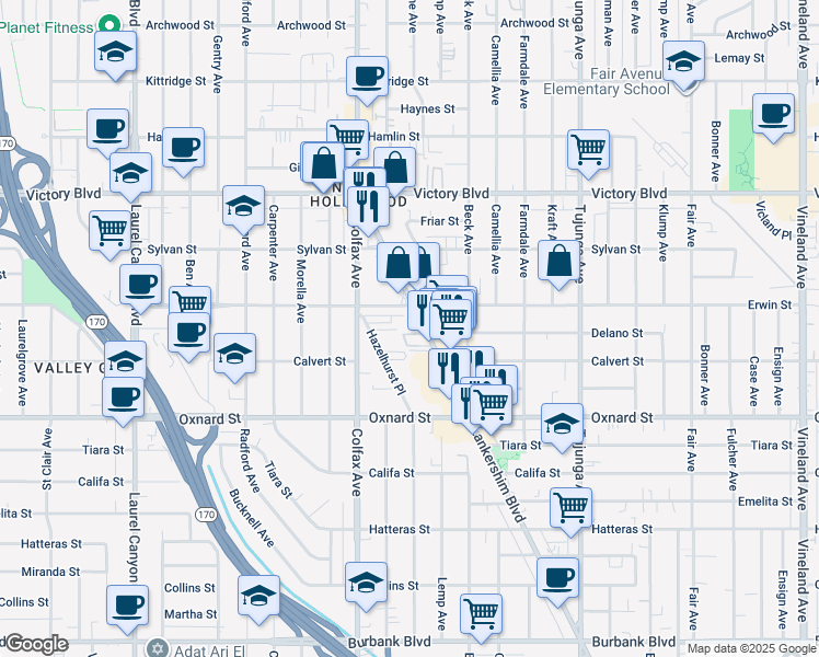 map of restaurants, bars, coffee shops, grocery stores, and more near 6137 Lankershim Boulevard in Los Angeles