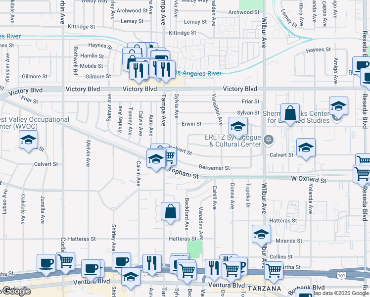 map of restaurants, bars, coffee shops, grocery stores, and more near 6143 Beckford Avenue in Los Angeles