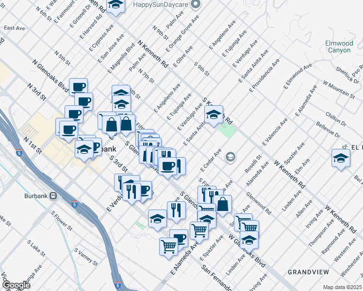 map of restaurants, bars, coffee shops, grocery stores, and more near 541 East Santa Anita Avenue in Burbank