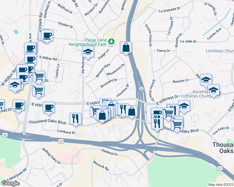 map of restaurants, bars, coffee shops, grocery stores, and more near 245 Houston Drive in Thousand Oaks