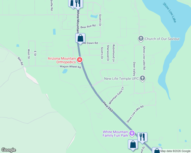 map of restaurants, bars, coffee shops, grocery stores, and more near in Pinetop-Lakeside