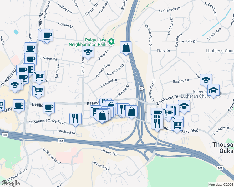 map of restaurants, bars, coffee shops, grocery stores, and more near 209 Houston Drive in Thousand Oaks