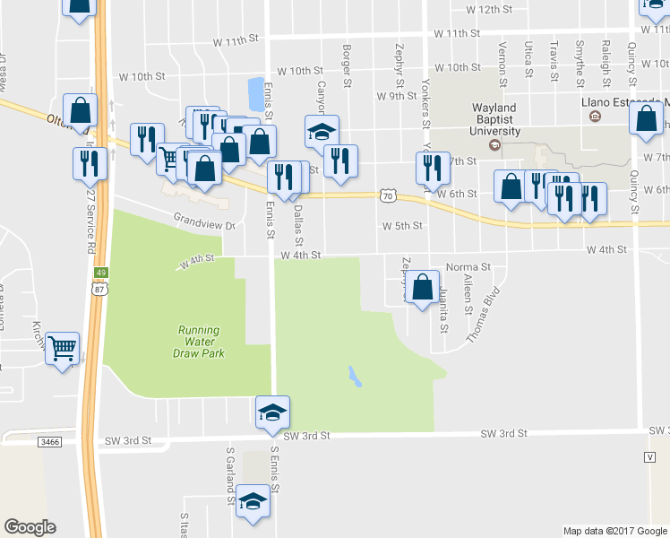 map of restaurants, bars, coffee shops, grocery stores, and more near 2902 West 4th Street in Plainview