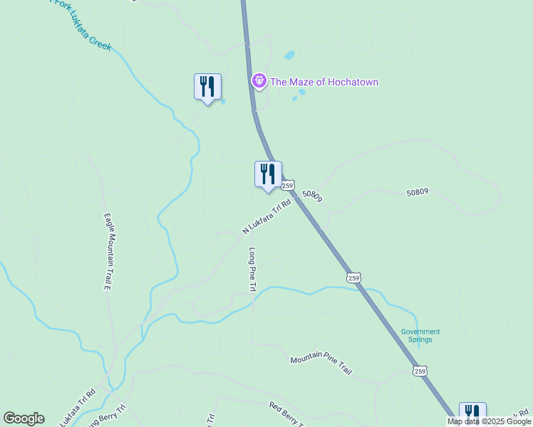 map of restaurants, bars, coffee shops, grocery stores, and more near 109 North Lukfata Trail Road in Broken Bow