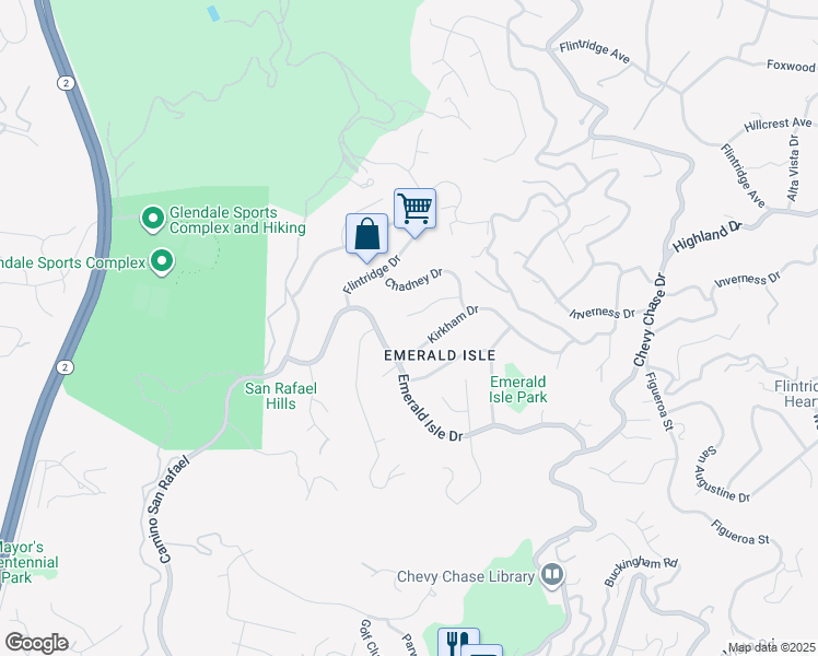 map of restaurants, bars, coffee shops, grocery stores, and more near 3117 Kirkham Drive in Glendale
