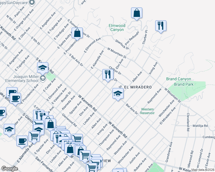 map of restaurants, bars, coffee shops, grocery stores, and more near 2000 Bel Aire Drive in Glendale
