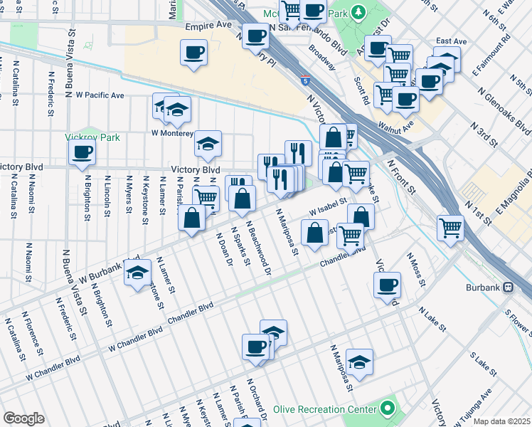 map of restaurants, bars, coffee shops, grocery stores, and more near 830 North Griffith Park Drive in Burbank