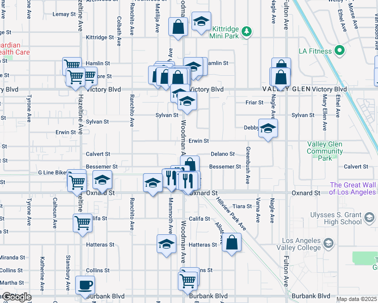 map of restaurants, bars, coffee shops, grocery stores, and more near 6126 Woodman Avenue in Los Angeles