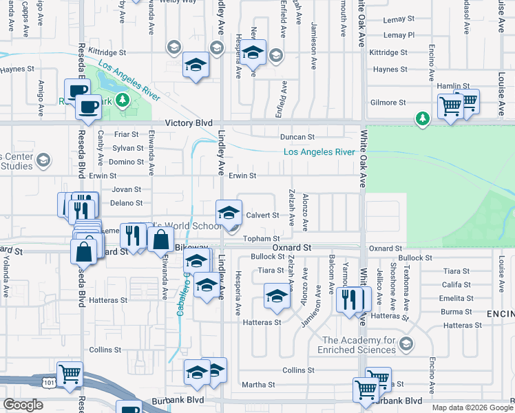 map of restaurants, bars, coffee shops, grocery stores, and more near 6201 Newcastle Avenue in Los Angeles