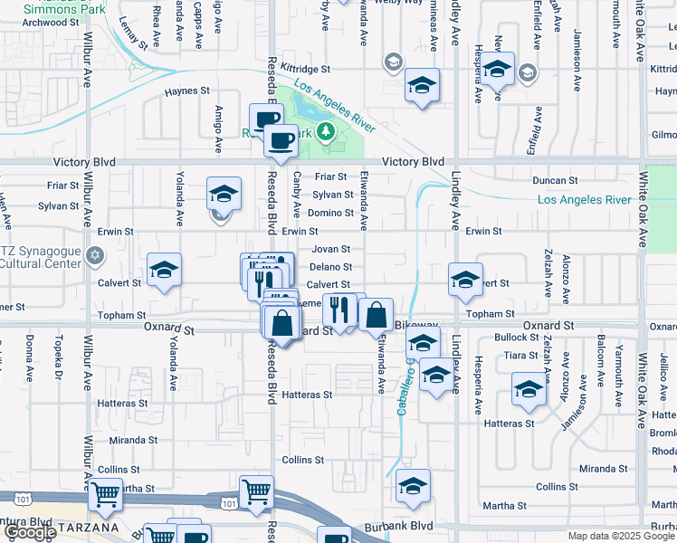 map of restaurants, bars, coffee shops, grocery stores, and more near 18337 Calvert Street in Los Angeles