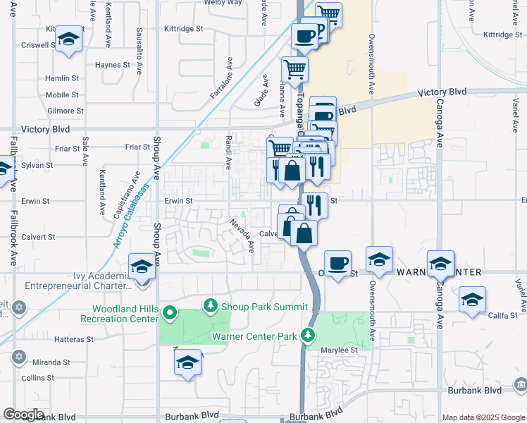 map of restaurants, bars, coffee shops, grocery stores, and more near 6121 Glade Avenue in Los Angeles
