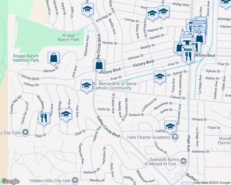 map of restaurants, bars, coffee shops, grocery stores, and more near 24115 Bessemer Street in Los Angeles