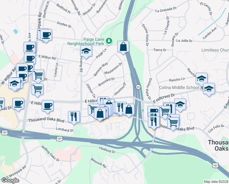 map of restaurants, bars, coffee shops, grocery stores, and more near 209 Houston Drive in Thousand Oaks