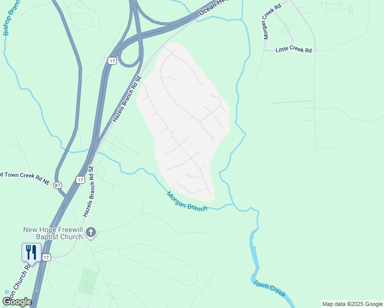 map of restaurants, bars, coffee shops, grocery stores, and more near 86 Stoney Creek Lane in Leland