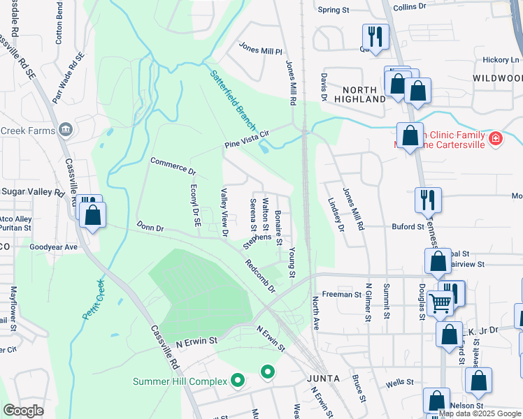 map of restaurants, bars, coffee shops, grocery stores, and more near 108 Bonaire Street in Cartersville