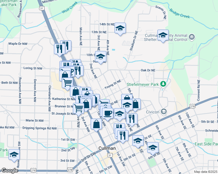 map of restaurants, bars, coffee shops, grocery stores, and more near 412 2nd Avenue Northwest in Cullman