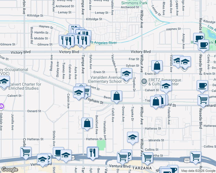 map of restaurants, bars, coffee shops, grocery stores, and more near 19134 Delano Street in Los Angeles