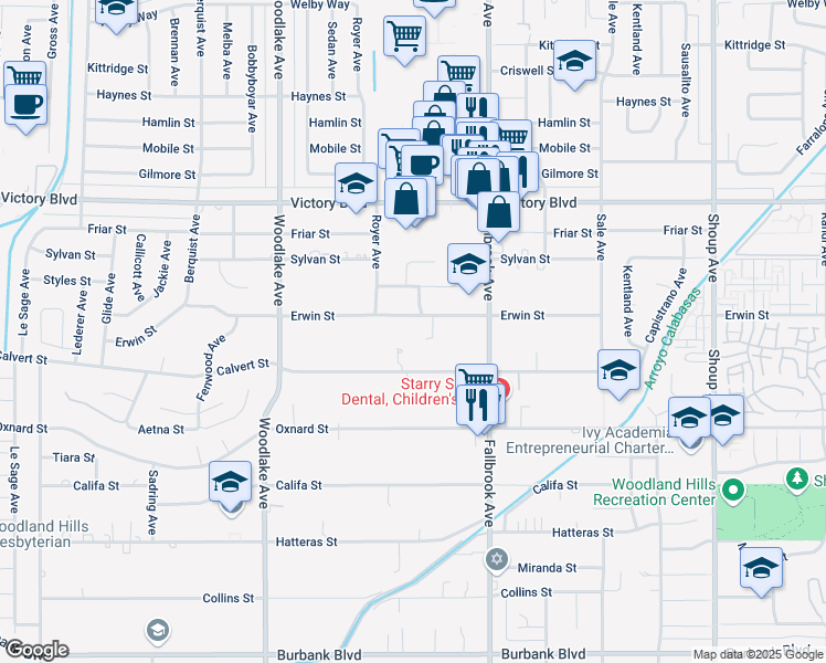 map of restaurants, bars, coffee shops, grocery stores, and more near 22924 Erwin Street in Los Angeles