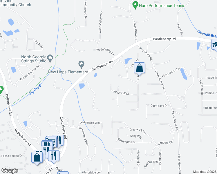 map of restaurants, bars, coffee shops, grocery stores, and more near 5475 Kings Hill Drive in Cumming